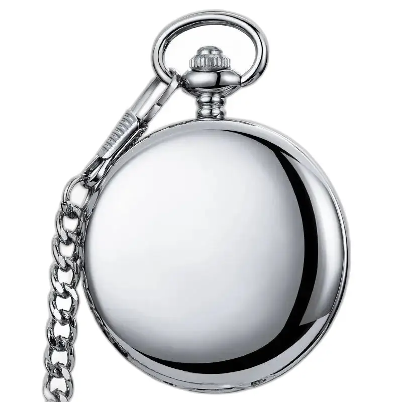 Classico orologio da tasca meccanico liscio argento con catena in acciaio lucido