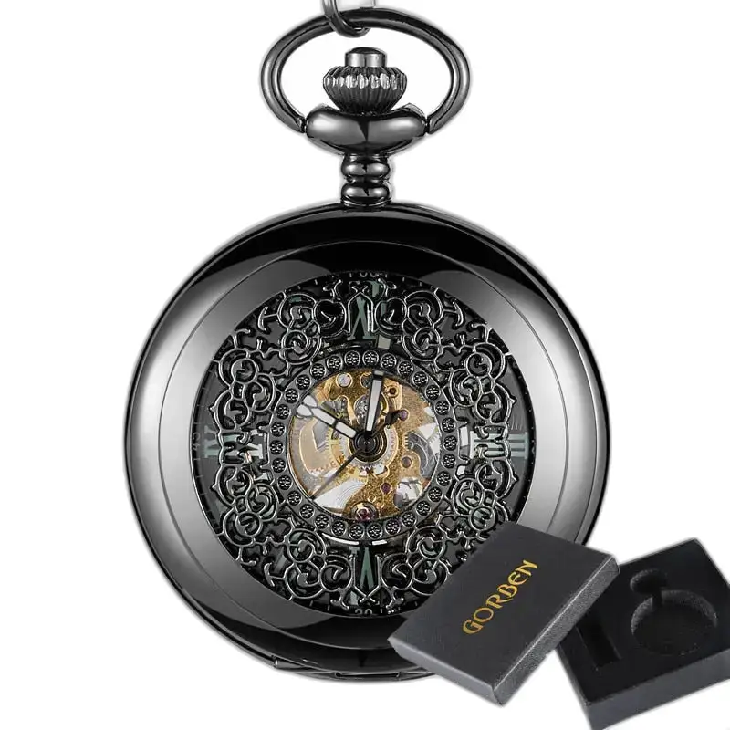 Orologio da tasca luminoso con fiore malvagio, orologio nero ornato con un elegante design vintage