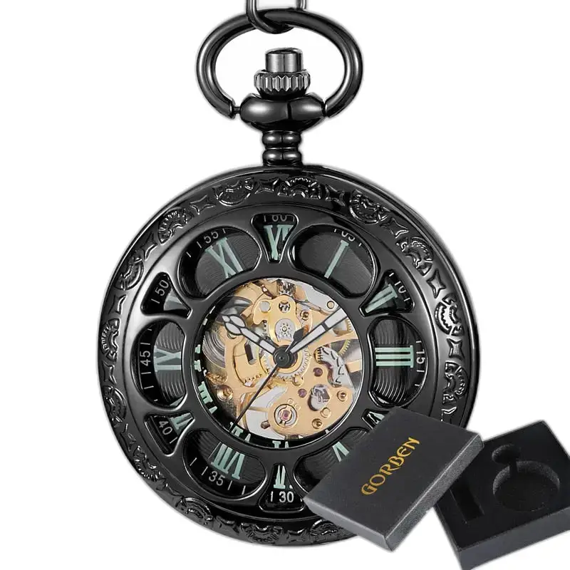 Orologio da tasca luminoso con fiore malvagio con un elegante quadrante scheletrato nero