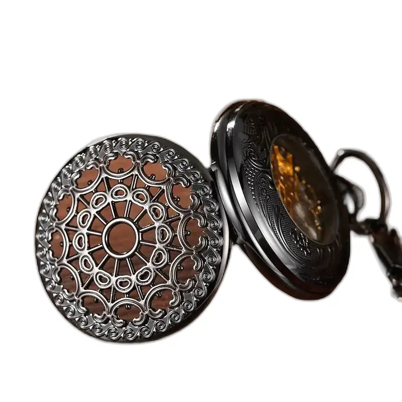 Orologio da tasca luminoso vintage con fiore malvagio dal design nero ornato