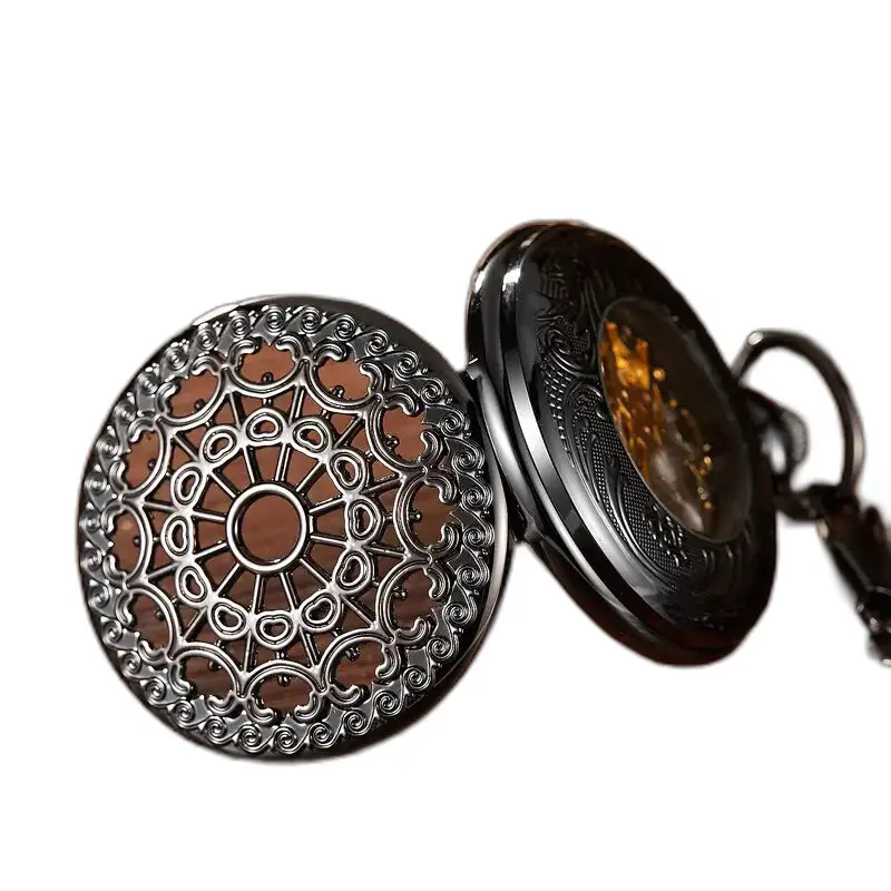 Orologio da tasca luminoso Spider Ruins con un design nero vintage ornato