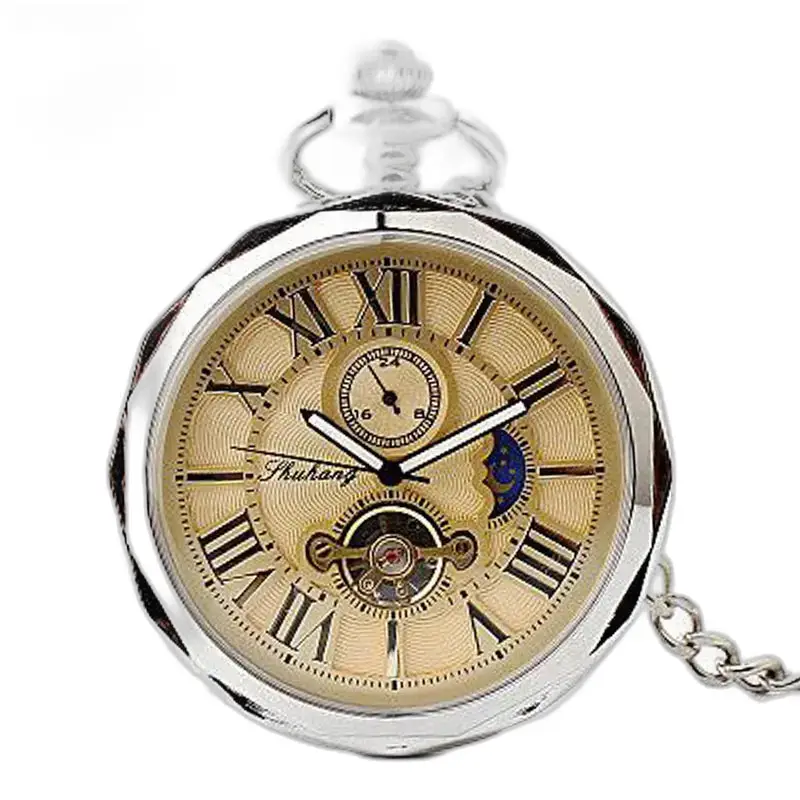 Orologio da tasca da donna Lune Luxe con numeri romani e fasi lunari in argento