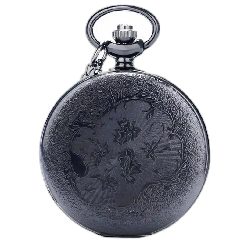 Orologio da tasca di lusso in argento nero con numeri romani e motivo floreale inciso