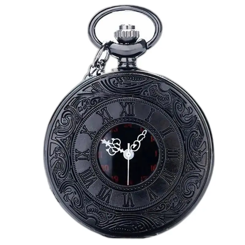 Orologio da tasca di lusso in argento nero con numeri romani su uno sfondo elegante
