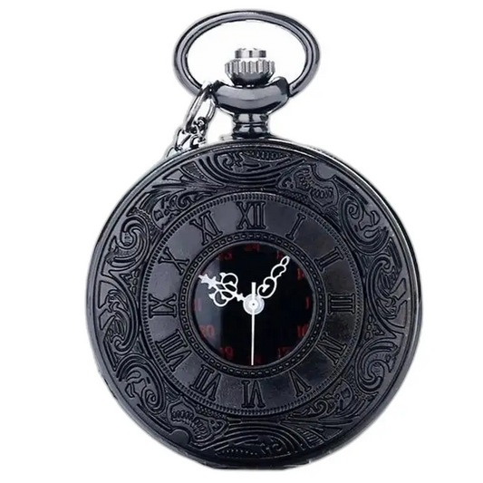 Orologio da tasca di lusso in argento nero con numeri romani su uno sfondo elegante