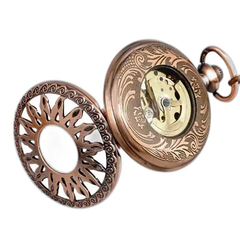 Orologio da tasca di lusso in corniola con meccanismo a vista in bronzo ornato ed elegante