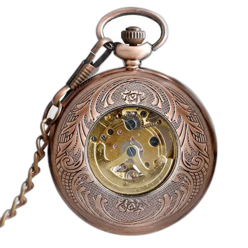 Orologio da tasca di lusso in corniola con meccanismo a vista con elegante cassa in bronzo