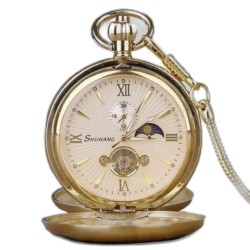 Lussuoso orologio da tasca in oro a doppio risvolto con catena ed eleganti fasi lunari