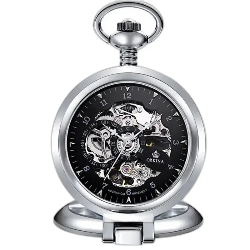Orologio da tasca di lusso marca Orkina Silver con movimento meccanico nei dettagli
