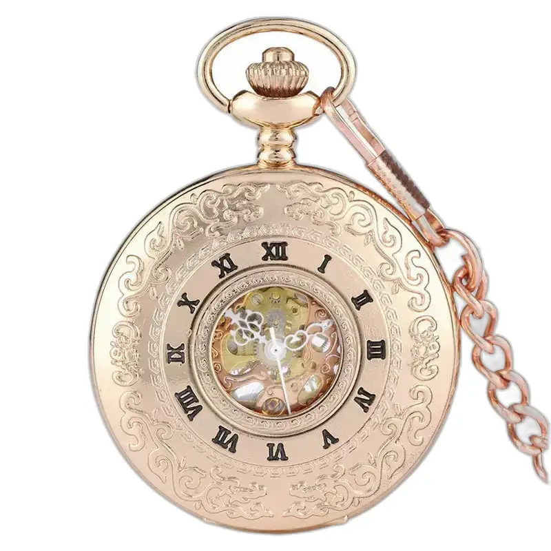 Orologio da tasca di lusso in oro rosa con indici in numeri romani e catena decorata