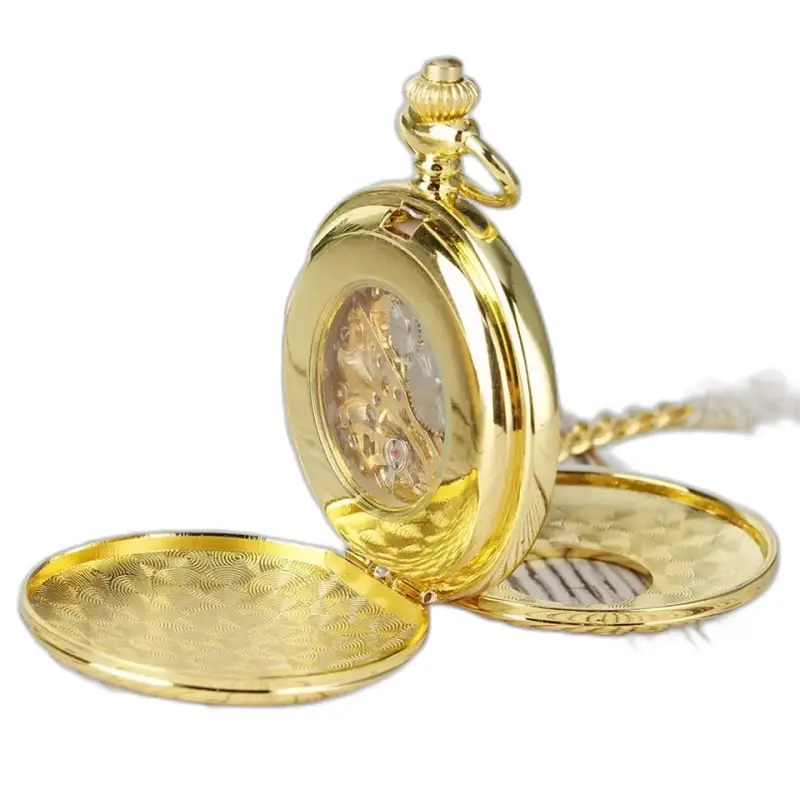 Orologio da tasca scheletrato in oro di lusso con numeri romani e cassa aperta
