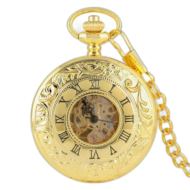 Orologio da tasca scheletrato in oro di lusso con numeri romani e catena decorata