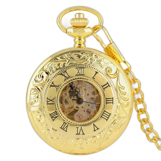 Orologio da tasca scheletrato in oro di lusso con numeri romani e catena decorata