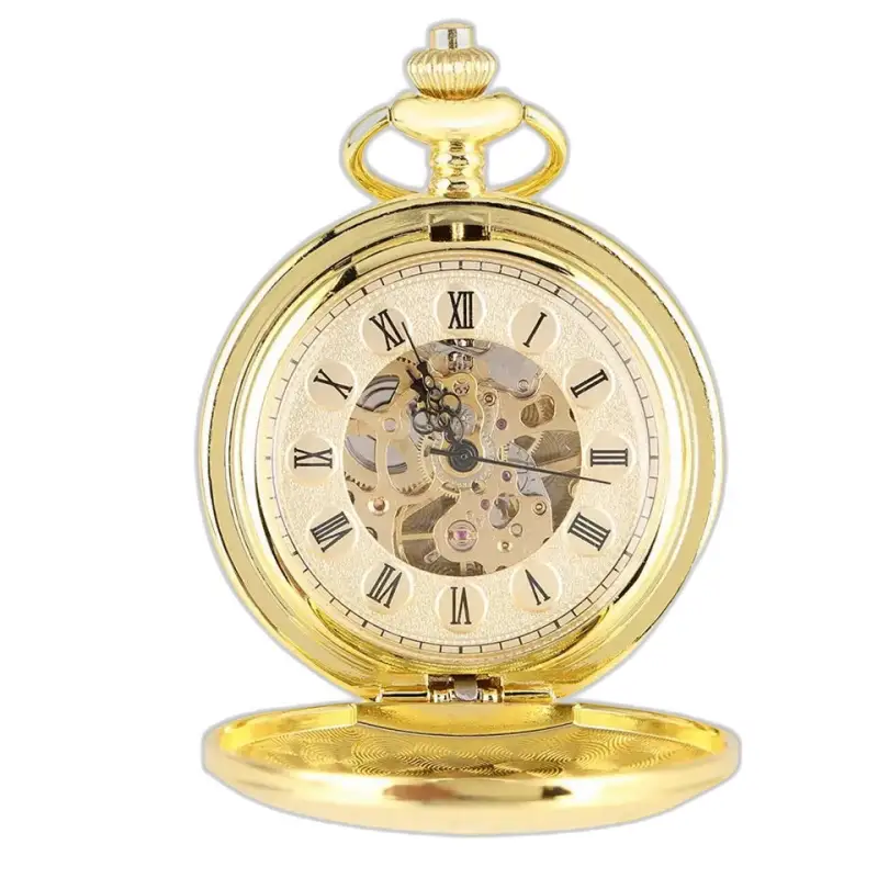Orologio da tasca scheletrato in oro di lusso con numeri romani e finitura dorata