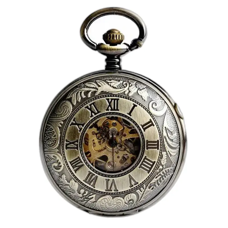 Orologio da tasca meccanico vintage di lusso con ingranaggi visibili in argento decorato