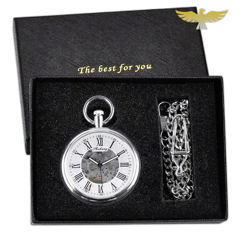 Orologio da tasca meccanico in argento con quadrante aperto in confezione regalo