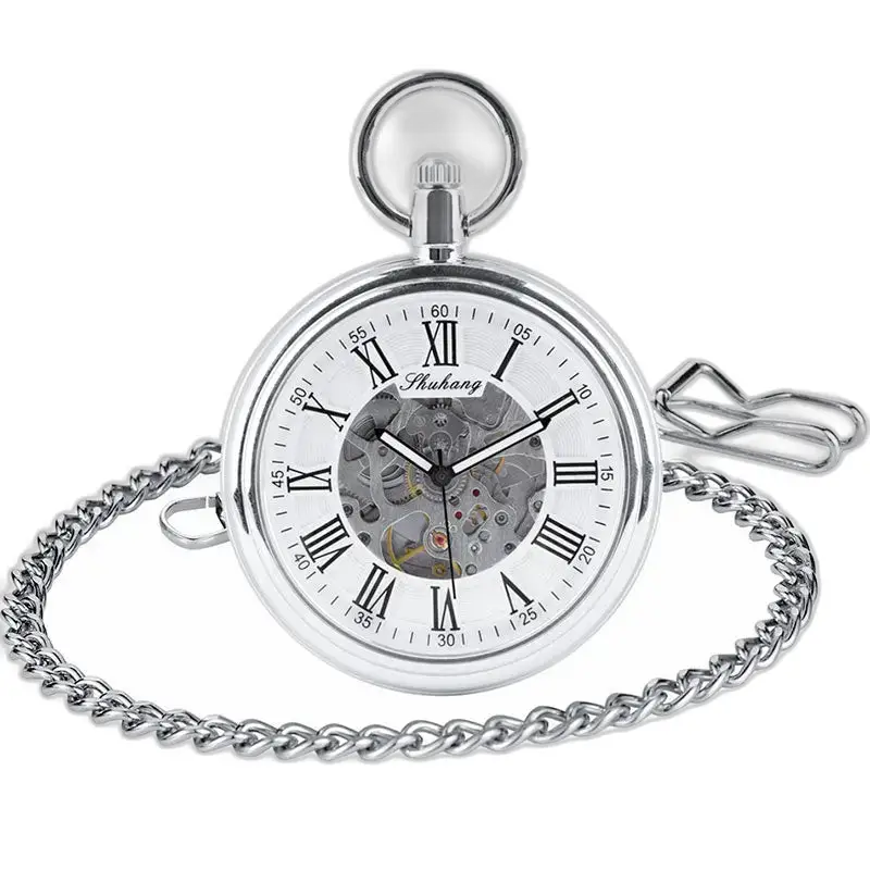 Orologio da tasca meccanico argento quadrante aperto con catena, eleganza senza tempo