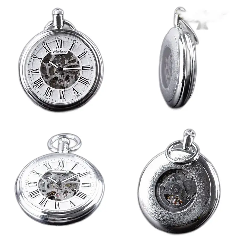 Orologio da tasca meccanico in argento con quadrante aperto ed elegante design argentato