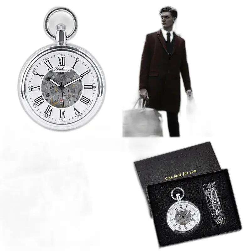 Orologio da tasca meccanico in argento con quadrante aperto, presentato in elegante scatola