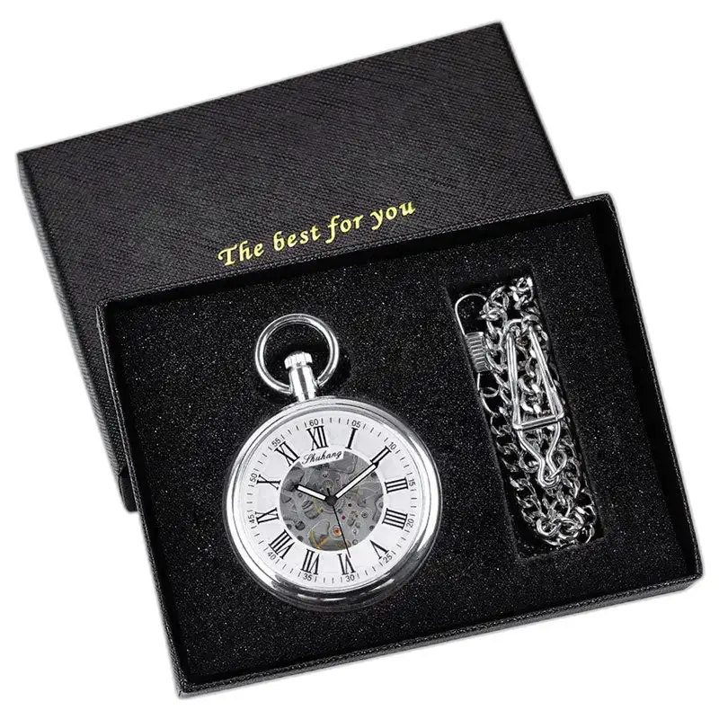Orologio da tasca meccanico in argento con quadrante aperto in confezione regalo