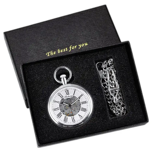 Orologio da tasca meccanico in argento con quadrante aperto in confezione regalo