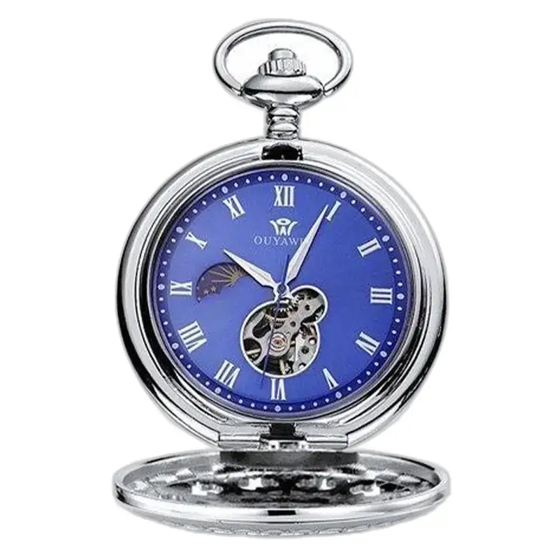 Orologio da tasca meccanico da uomo in argento con un elegante quadrante blu