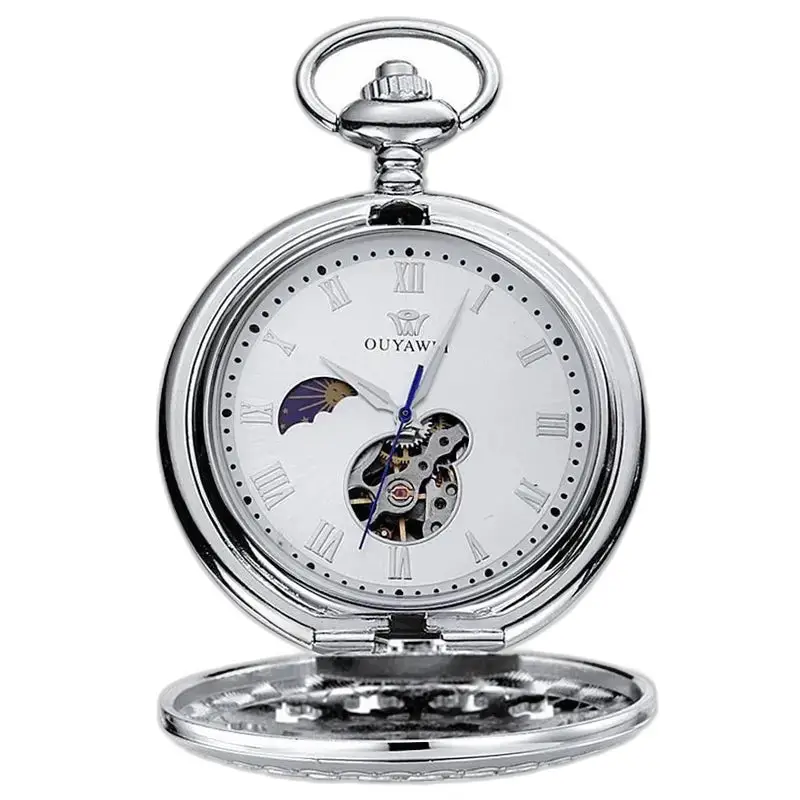 Lussuoso orologio da tasca meccanico in argento da uomo con meccanismo a vista