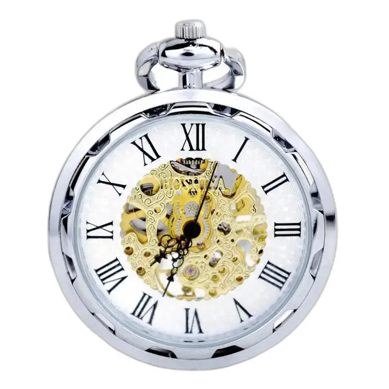 Orologio da tasca meccanico di lusso in argento con meccanismo a vista e design elegante