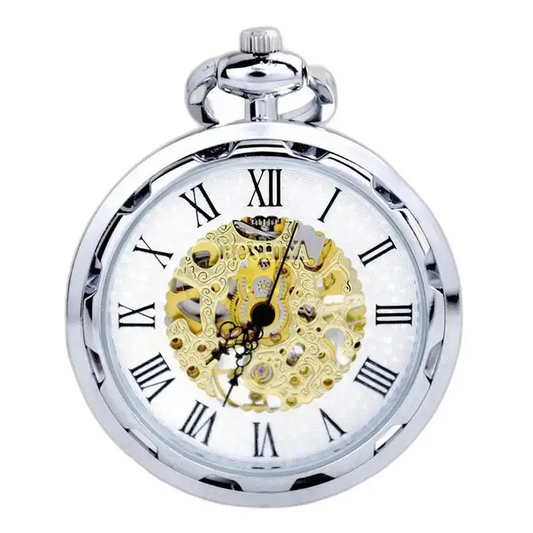 Orologio da tasca meccanico di lusso in argento con meccanismo a vista e design elegante