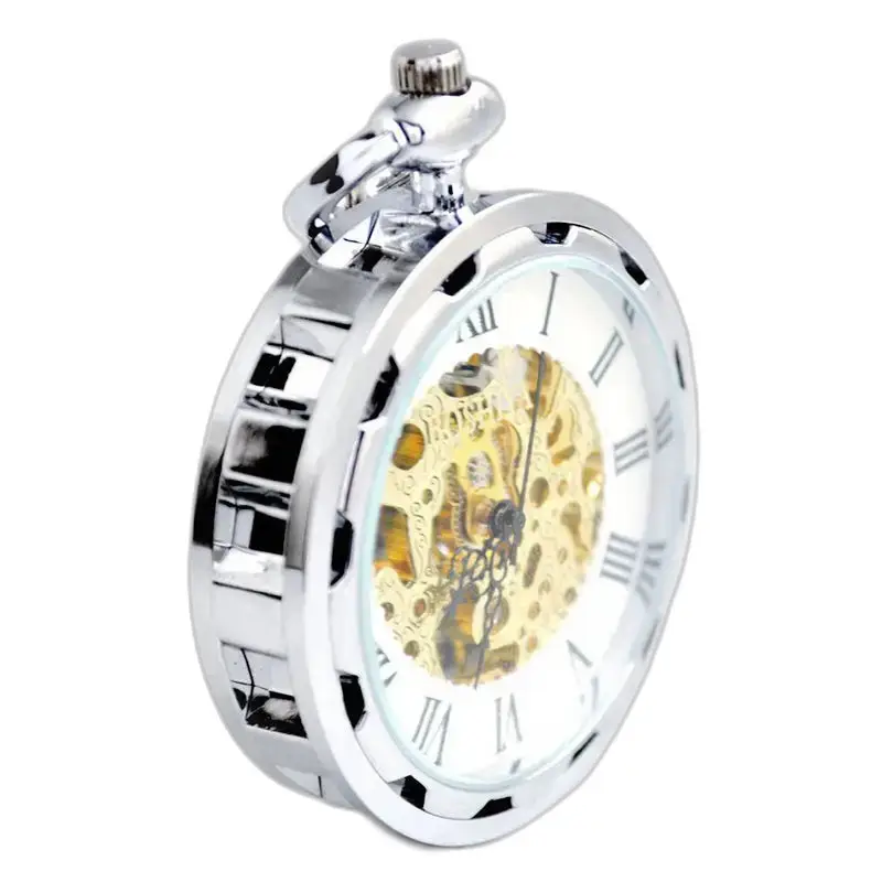 Orologio da tasca meccanico in argento di lusso, elegante orologio da tasca meccanico in argento scintillante