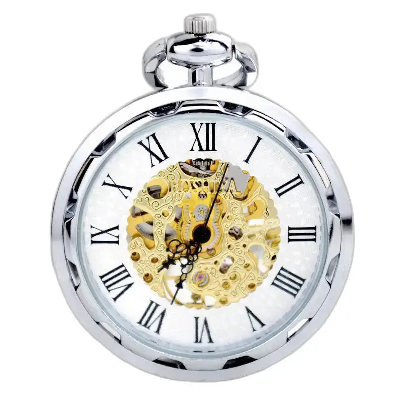 Orologio da tasca meccanico di lusso in argento con meccanismo a vista e design raffinato