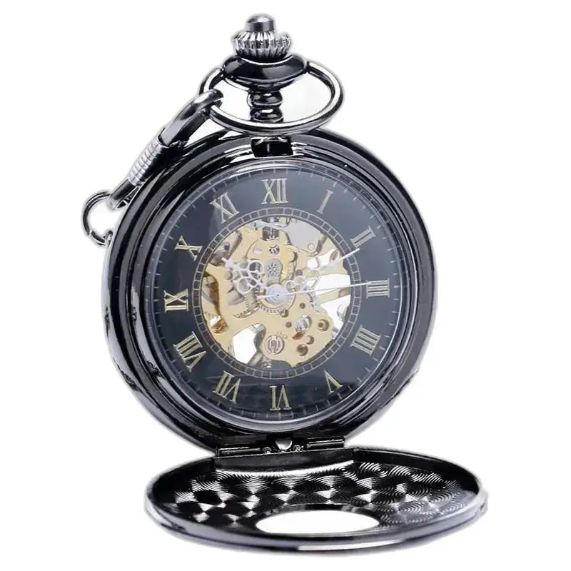 Orologio da tasca meccanico in metallo nero Chic, elegante e moderno in metallo nero