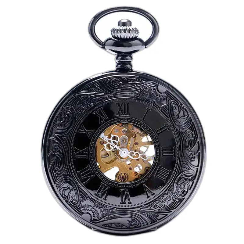 Orologio da tasca meccanico Black Metal Chic con meccanismo a vista in metallo nero