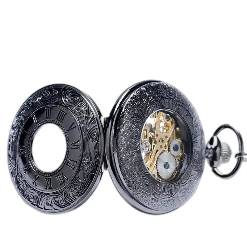 Orologio da tasca meccanico Black Metal Chic con ingranaggi visibili in metallo nero