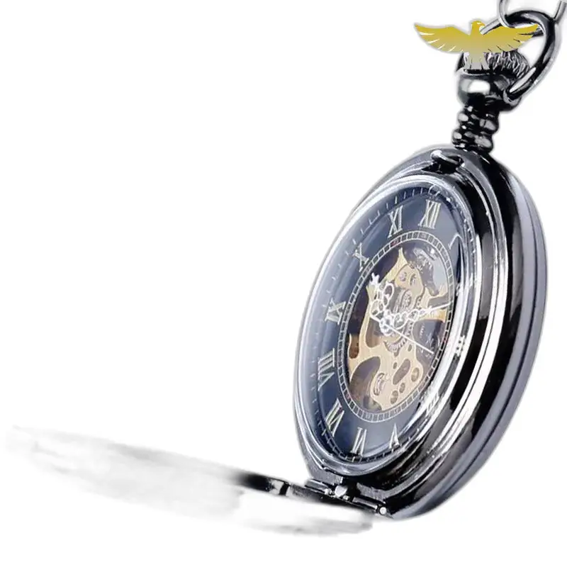 Orologio da tasca meccanico chic in metallo nero con ciondolo a forma di uccello dorato