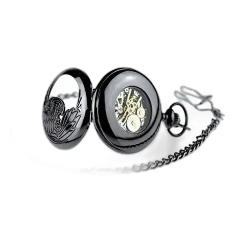Orologio da tasca meccanico Phenix nero con patta protettiva ed elegante catena