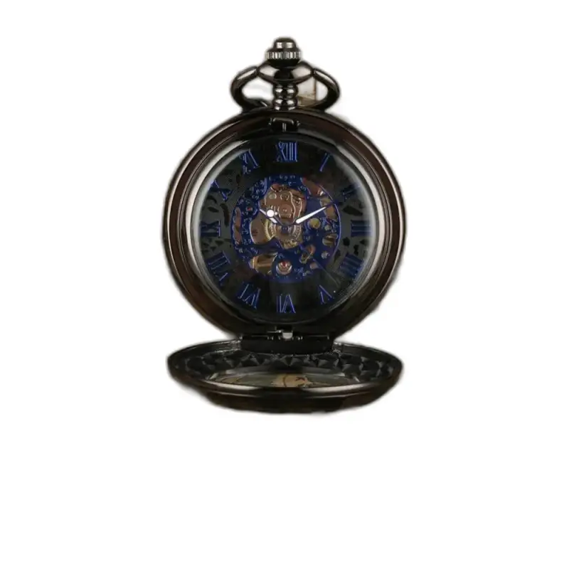 Orologio da tasca meccanico da uomo Blue Venom con cassa aperta nera e dettagli eleganti