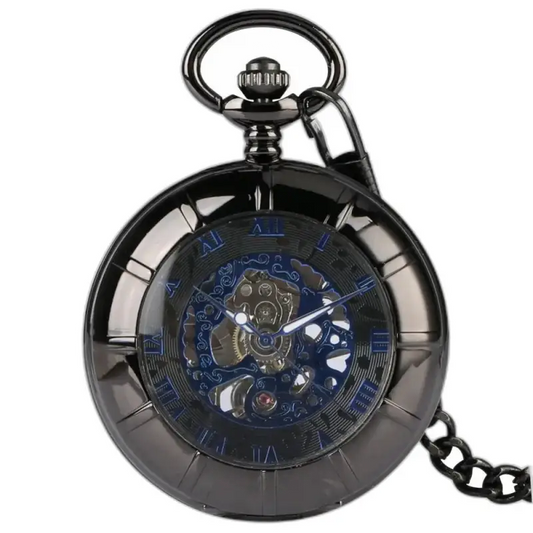 Orologio da tasca meccanico da uomo Blue Venom, elegante orologeria in acciaio nero