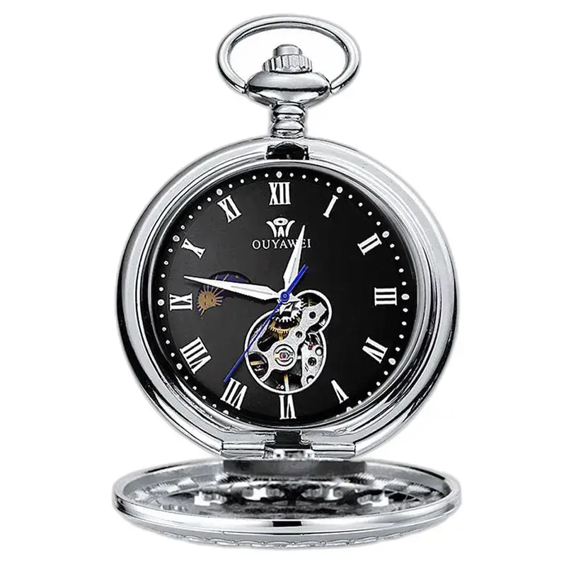 Orologio da tasca meccanico quadrante nero con numeri romani argento
