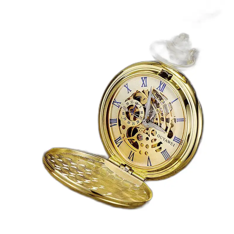 Orologio da tasca meccanico quadrante nero numeri romani in oro con coperchio aperto