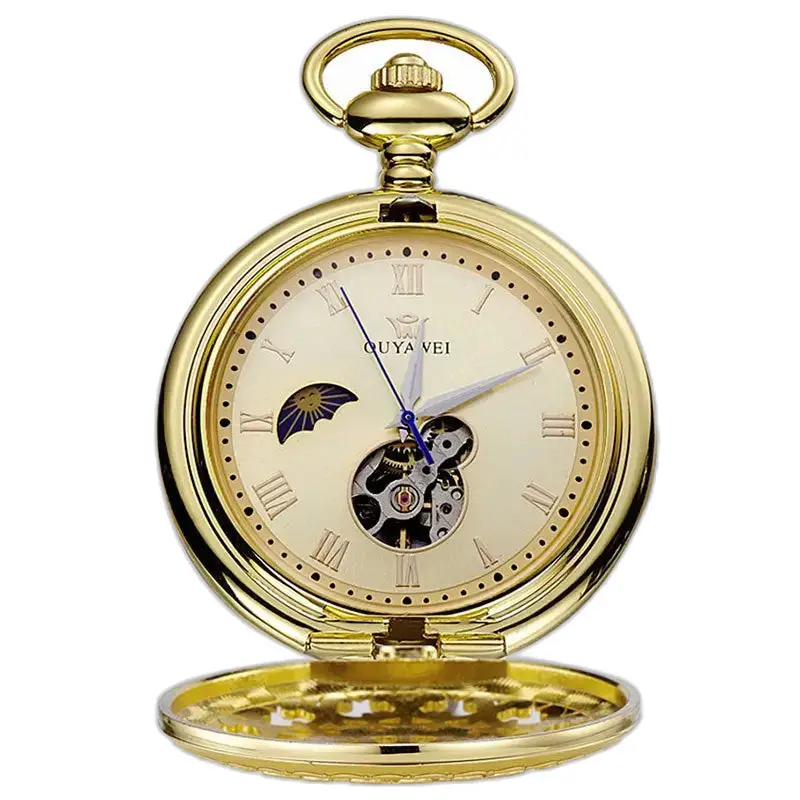 Orologio da tasca meccanico con quadrante nero e numeri romani, orologio in oro