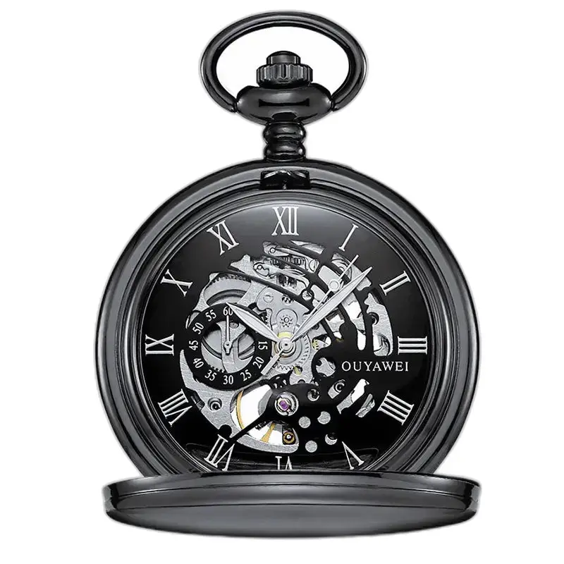 Orologio da tasca meccanico quadrante nero con numeri romani e scheletro nero
