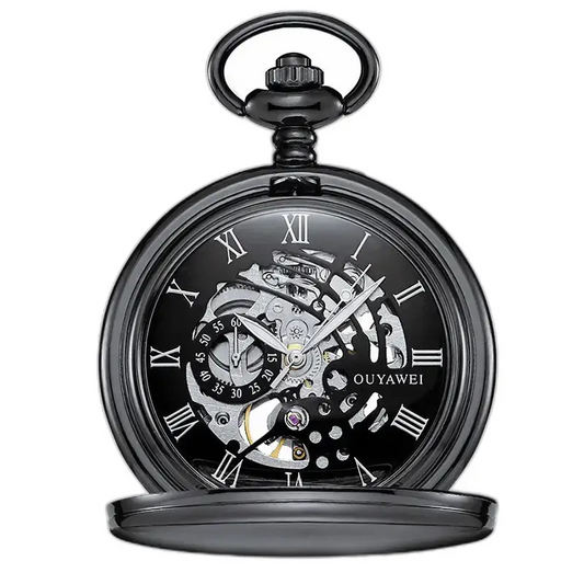Orologio da tasca meccanico quadrante nero con numeri romani e scheletro nero