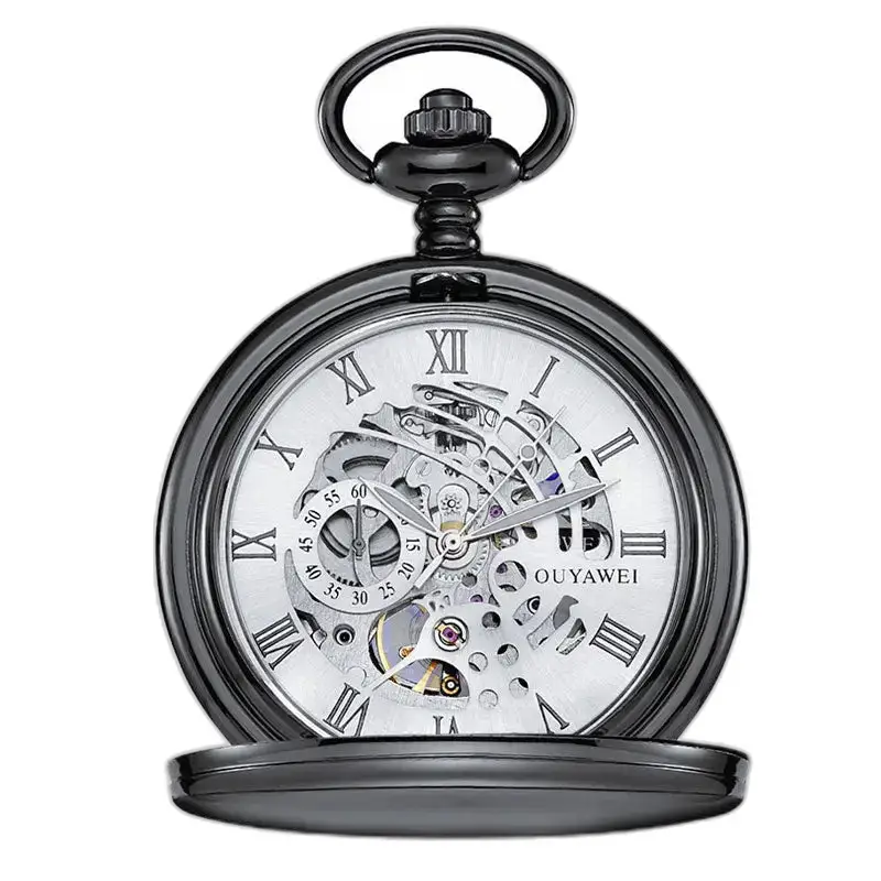 Orologio da tasca meccanico con quadrante nero e numeri romani, elegante stile nero