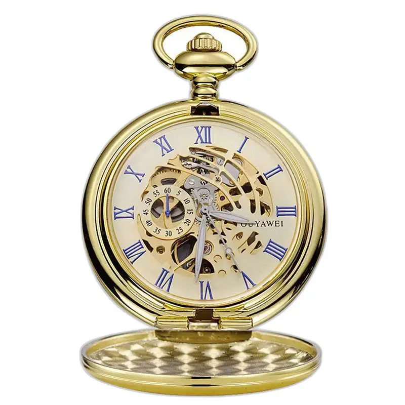 Orologio da tasca meccanico quadrante nero numeri romani in oro con meccanismo a vista