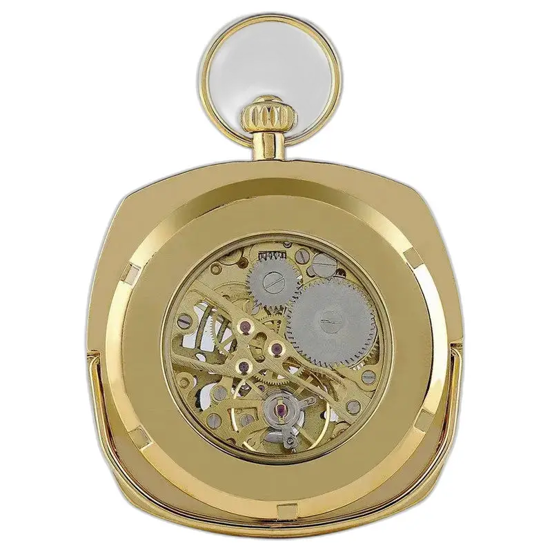 Orologio da tasca in oro con quadrante aperto ed elegante movimento meccanico