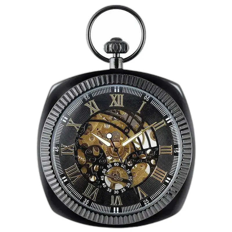 Orologio da tasca meccanico con quadrante aperto e design nero di lusso chic