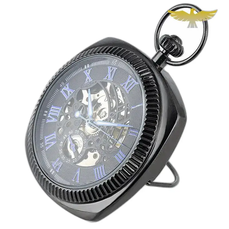 Orologio da tasca meccanico di lusso chic con quadrante aperto ed elegante design nero