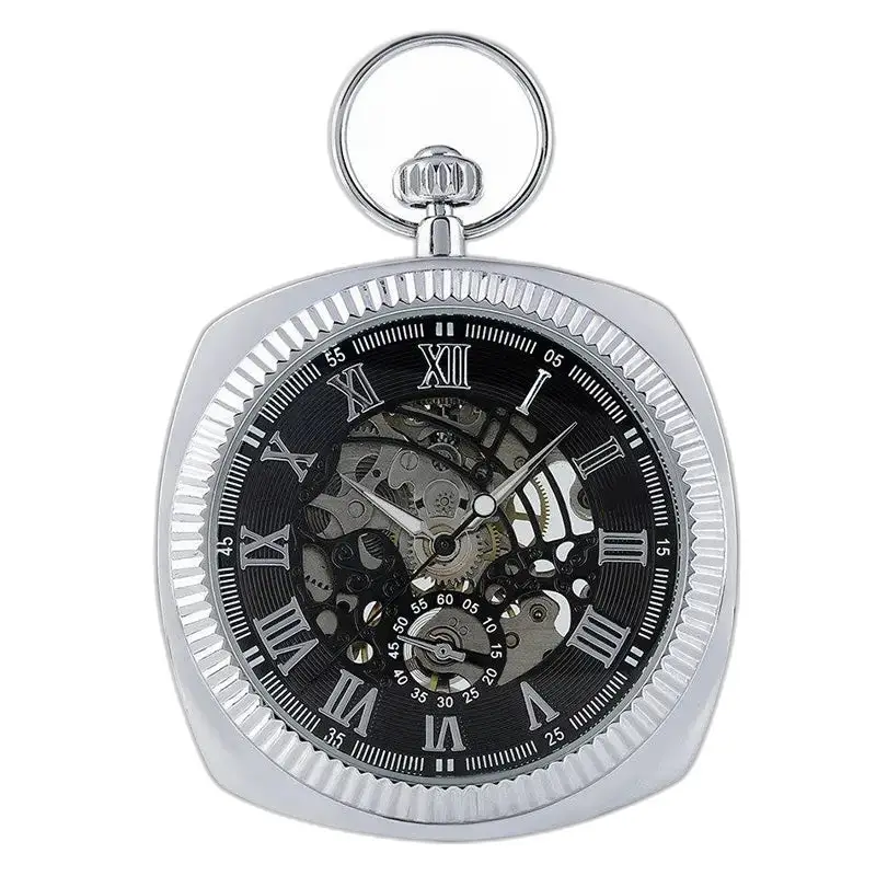 Orologio da tasca in argento con quadrante aperto ed elegante movimento meccanico
