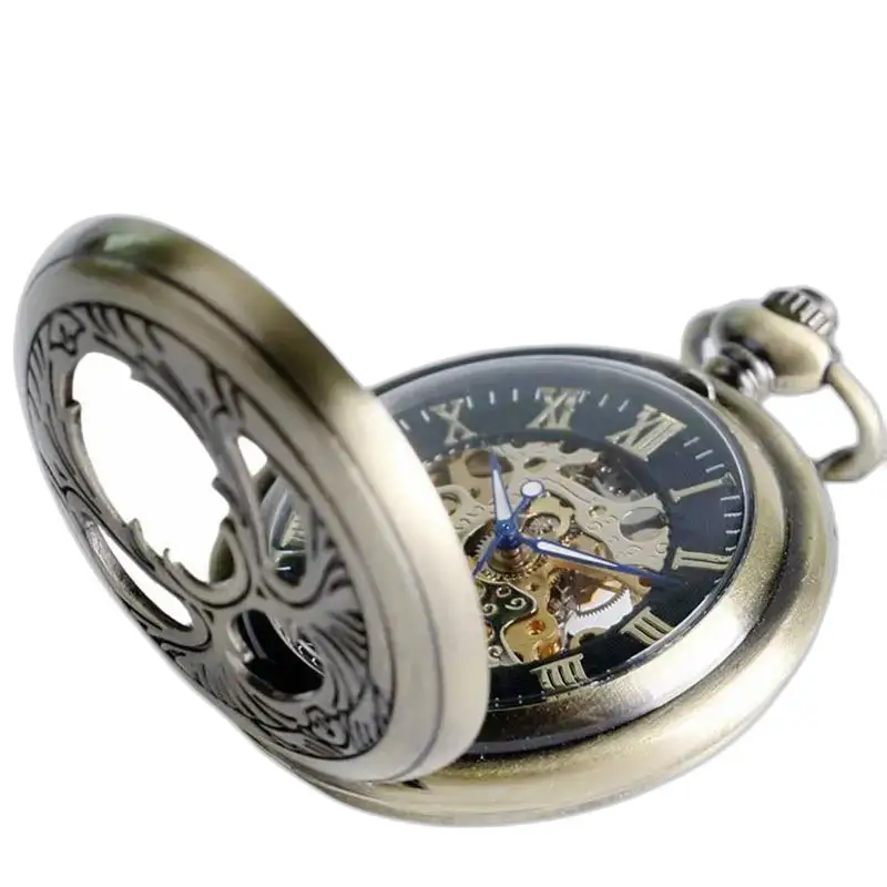 Elegante orologio da tasca meccanico a carica manuale in bronzo aperto